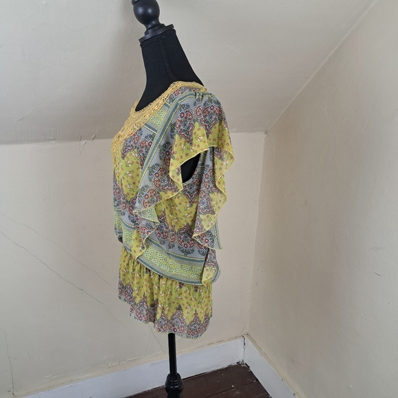 WD NY Women’s Yellow Blue Floral Ruffle Sheer Top Blouse Size L - Picture 5 of 10